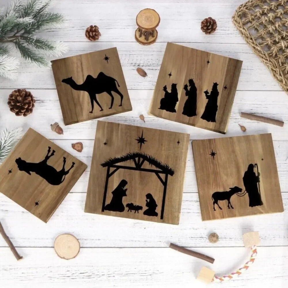 Christmas Nativity Scene 5‎  Pieces Wooden Hanging Frame Ornament Christmas